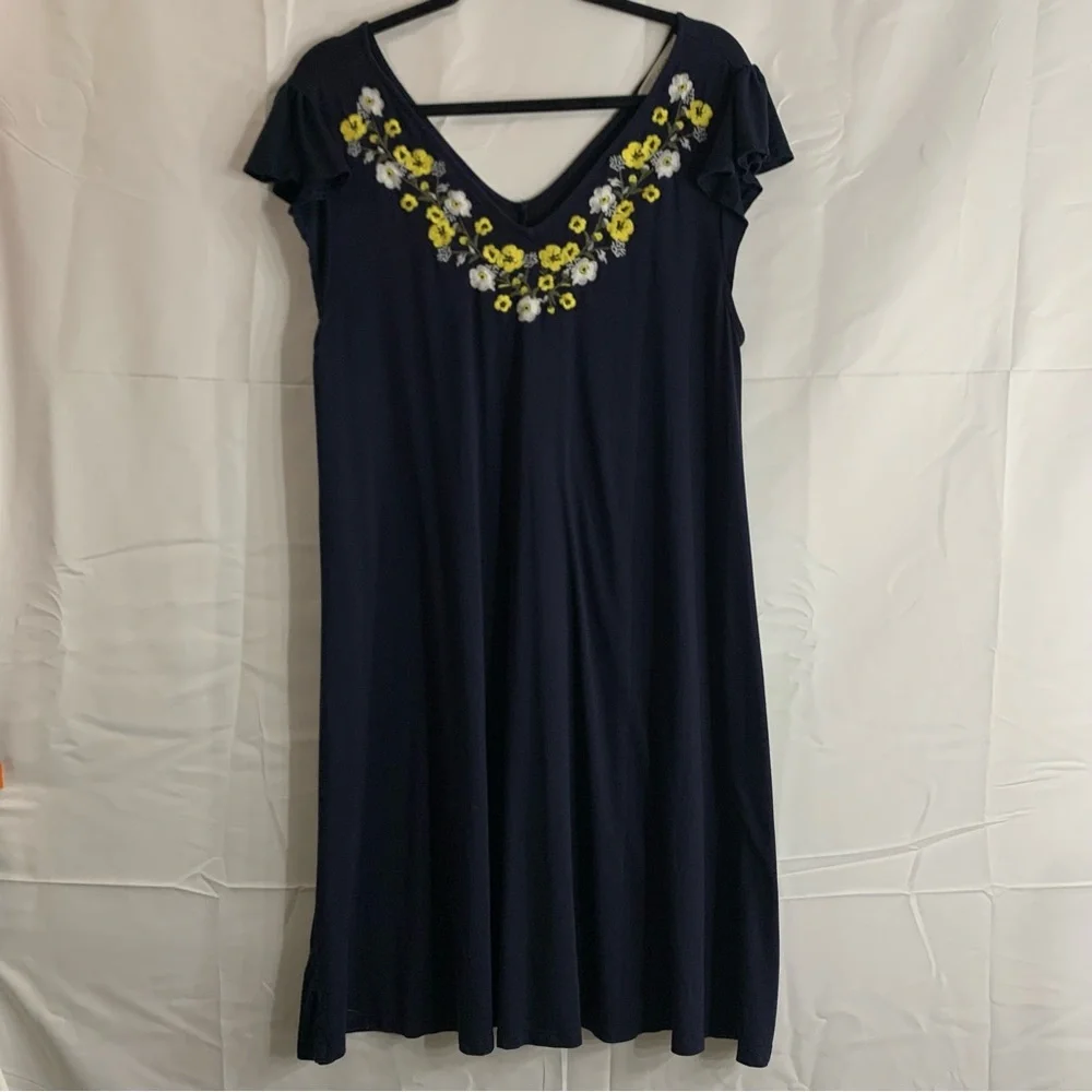 LOFT Navy Blue Short Ruffle Sleeve Floral Detail Midi Dress, size L - Picture 9 of 9